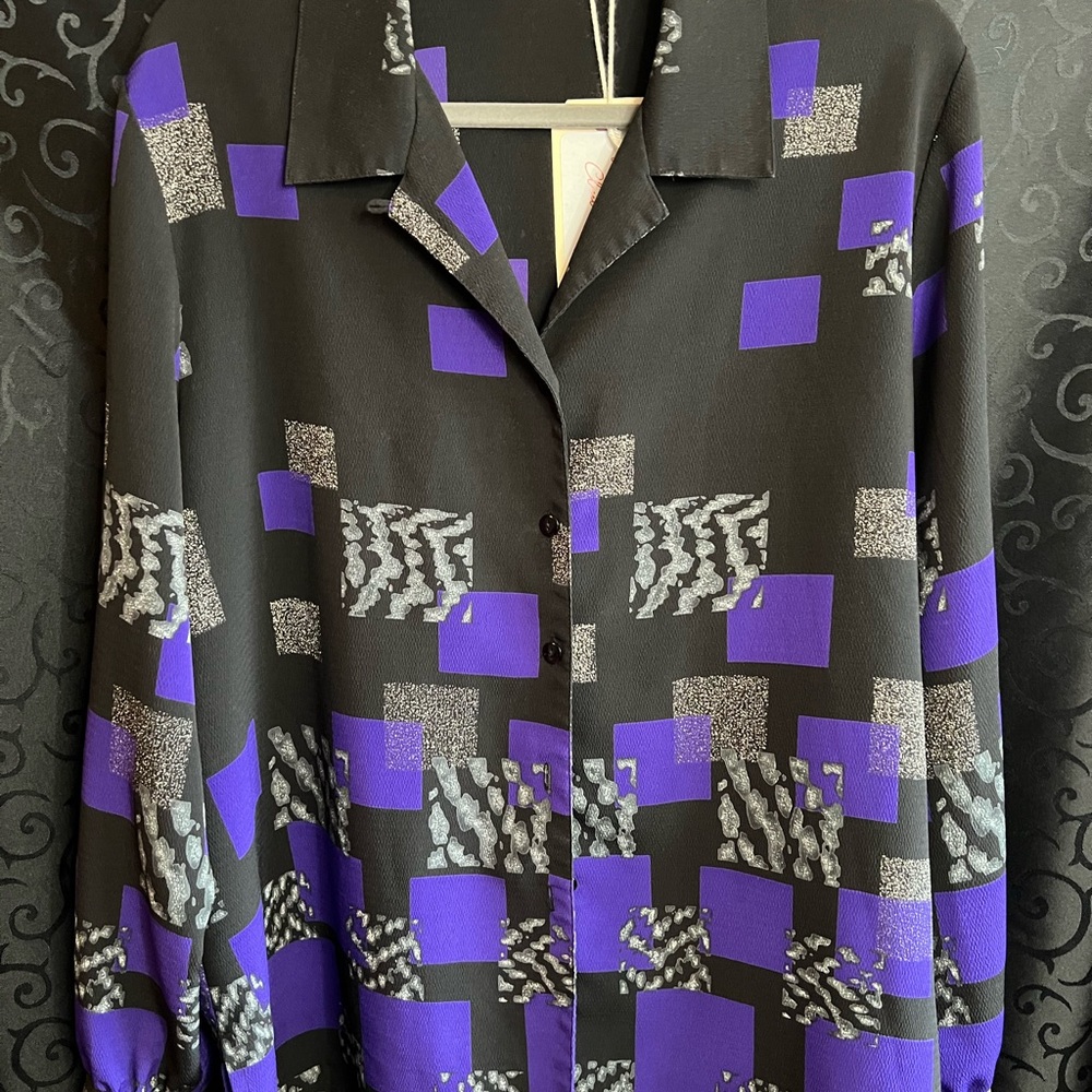 Vintage Black and Purple Geometric Button-Up Shirt Plus Size/XL